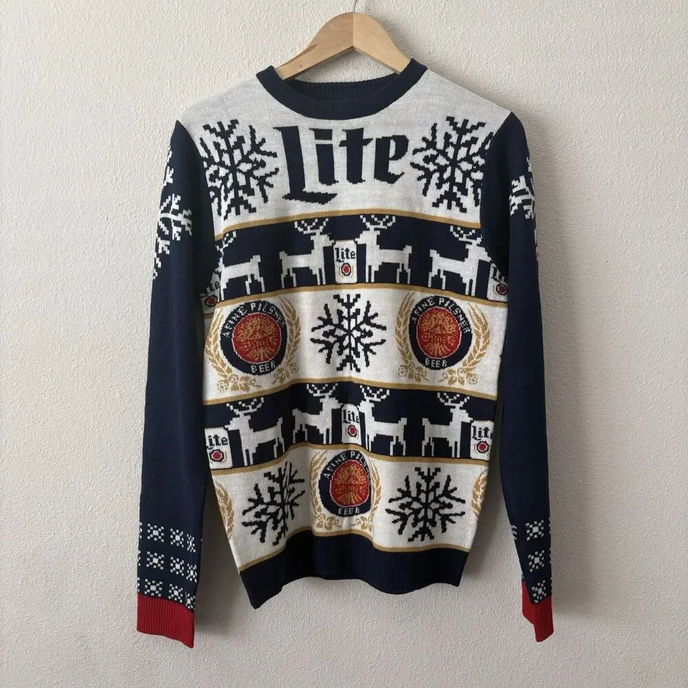 Miller Lite Ugly Christmas Sweater S Navy Knit Fair Isle Reindeer Beer Crew Neck